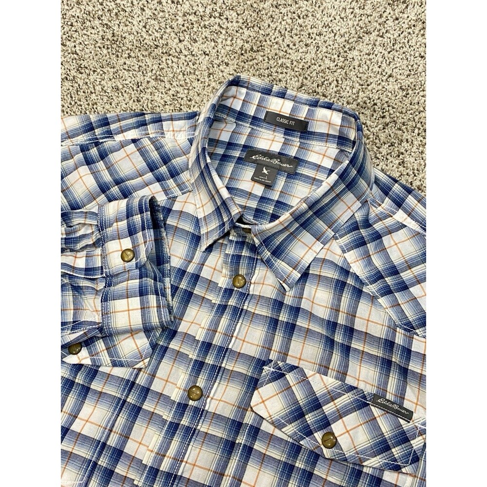 Eddie Bauer Pearl Snap Shirt Men’s Large Classic Fit Plaid Hiking Outdoors